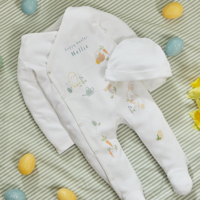 Personalised Hoppy Easter Farm Animals White Sleepsuit & Hat