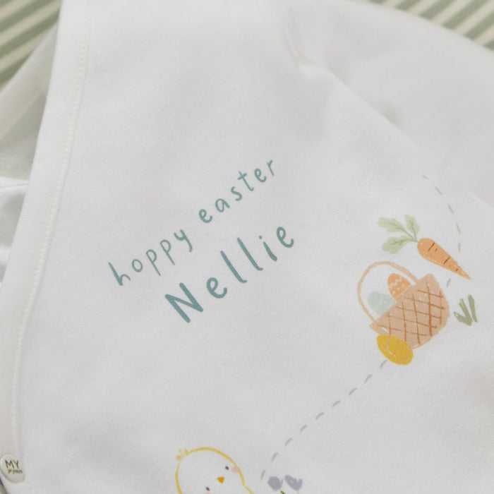 Personalised Hoppy Easter Farm Animals White Sleepsuit & Hat