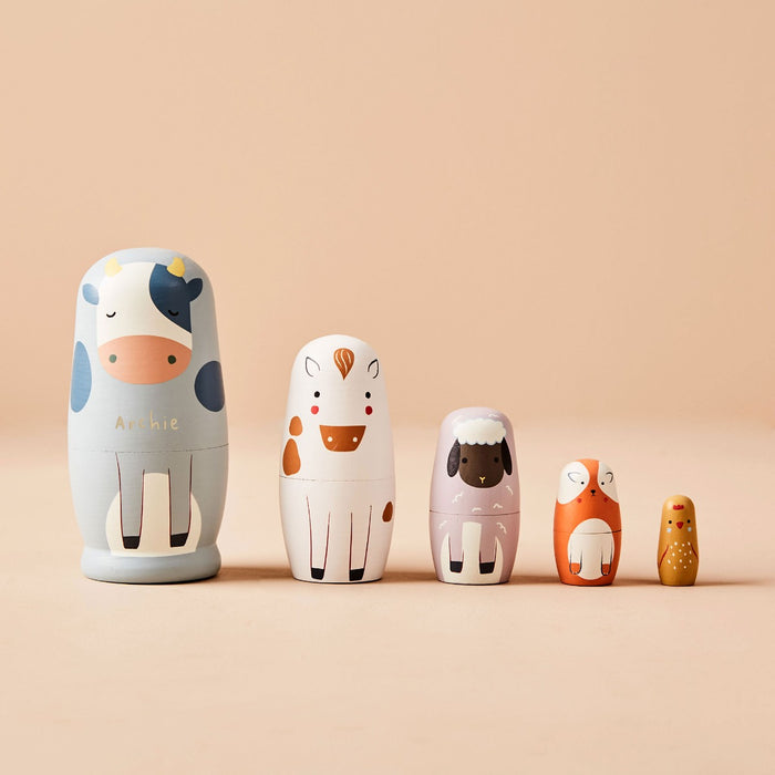 Personalised Just Bee Kids Farm Animal Wooden Nesting Dolls FSC®