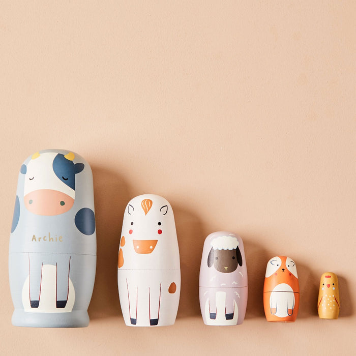 Personalised Just Bee Kids Farm Animal Wooden Nesting Dolls FSC®