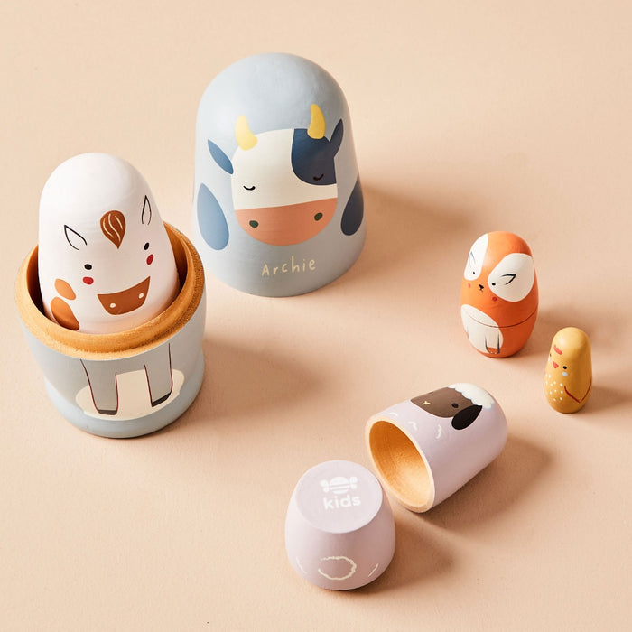 Personalised Just Bee Kids Farm Animal Wooden Nesting Dolls FSC®