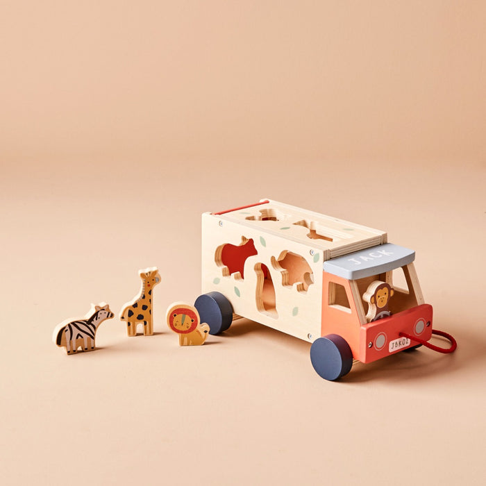 Personalised Just Bee Kids Wooden Safari Jeep Shape Sorter Toy FSC®