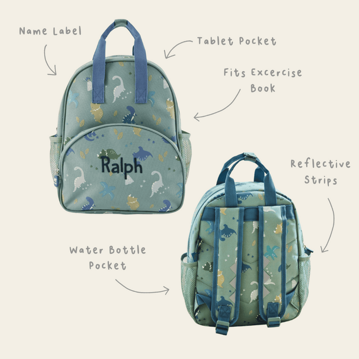 Personalised Khaki Dinosaur Print Medium Backpack