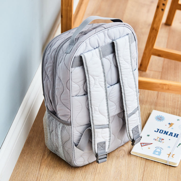 Personalised Large Grey Quilted Blue Name Varsity Backpack