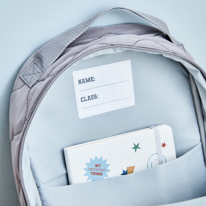 Personalised Large Grey Quilted Blue Name Varsity Backpack