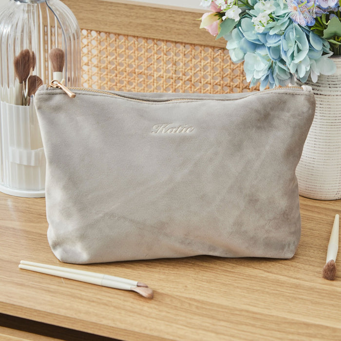 Personalised Large Velvet Make Up Bag in Taupe