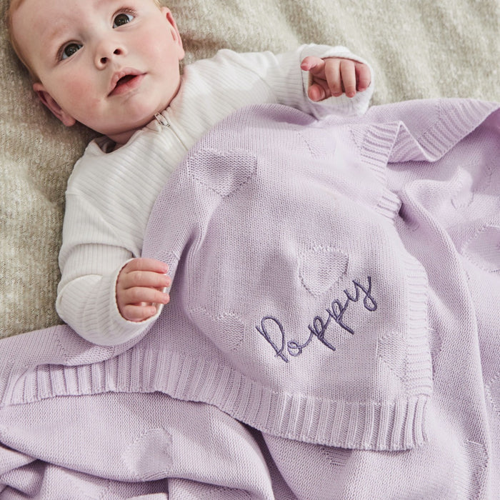 Personalised Lush Lavender Heart Jacquard Baby Blanket
