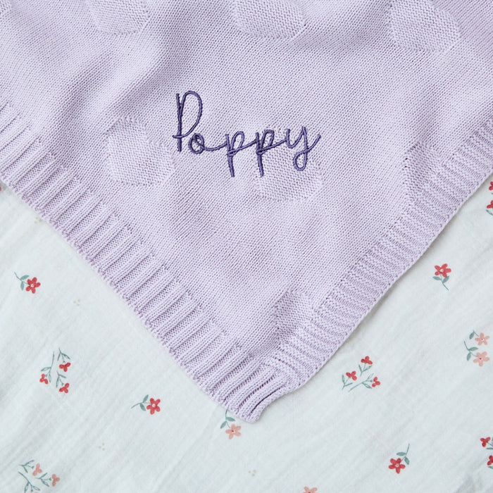 Personalised Lush Lavender Heart Jacquard Baby Blanket