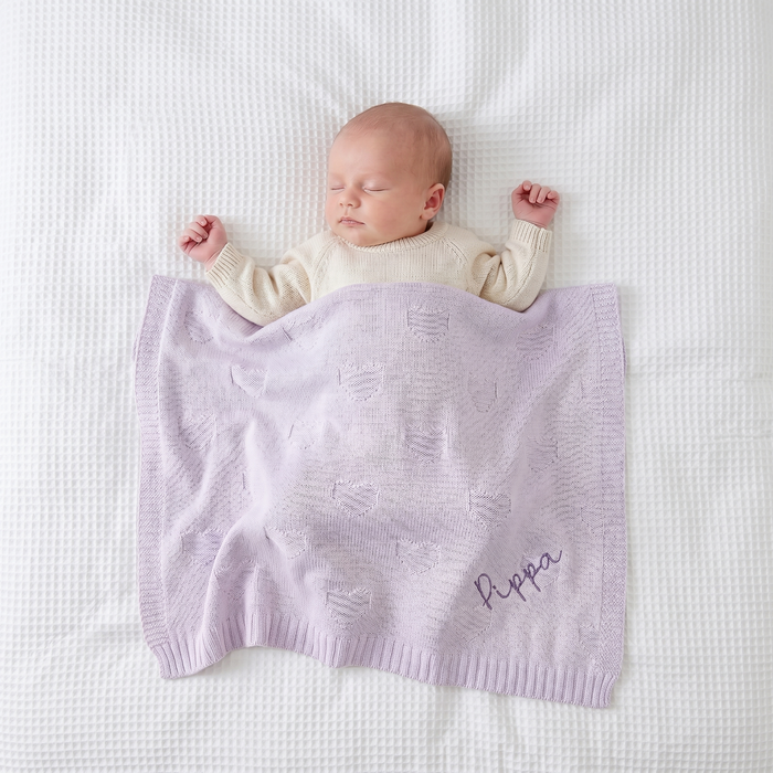 Personalised Lush Lavender Heart Jacquard Baby Blanket