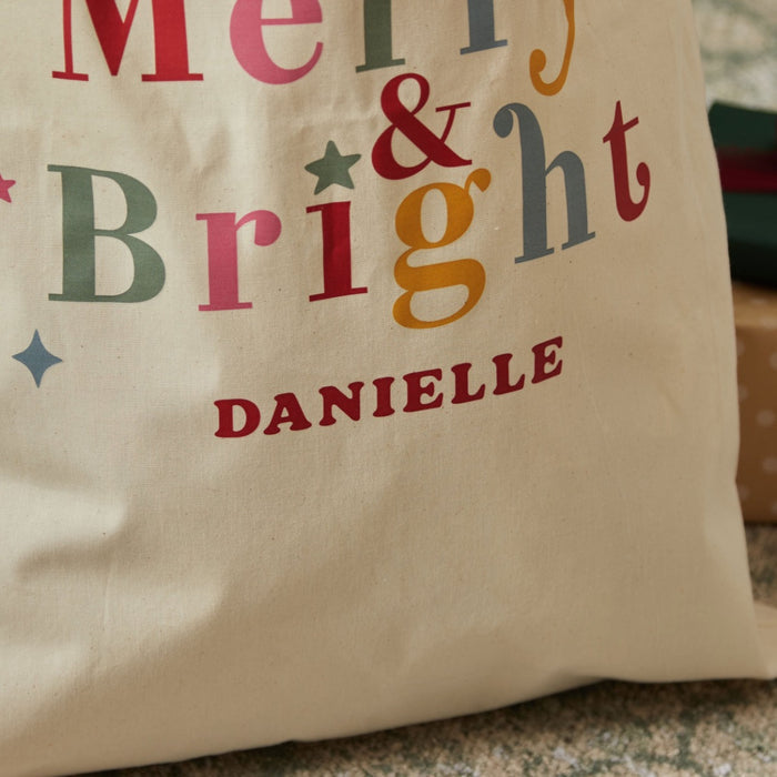 Personalised Merry & Bright Christmas Canvas Gift Sack