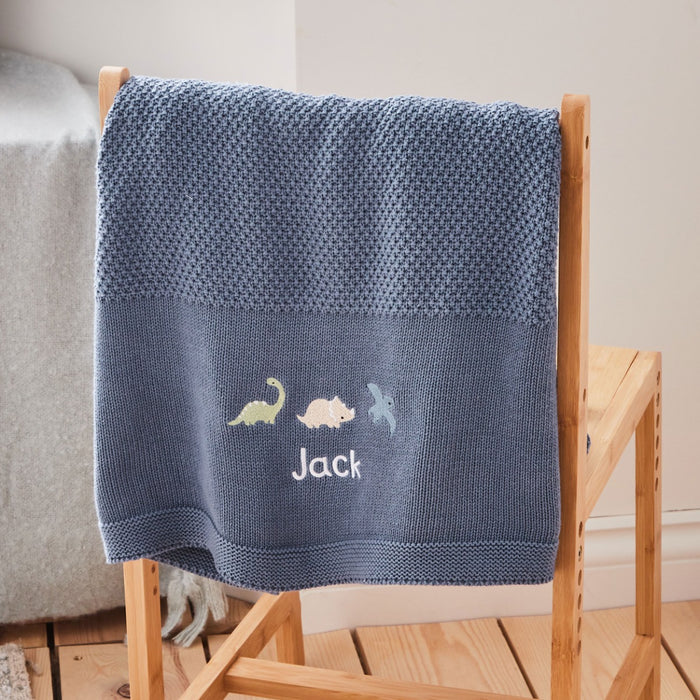 Personalised Mid Blue Dinosaur Baby Shawl