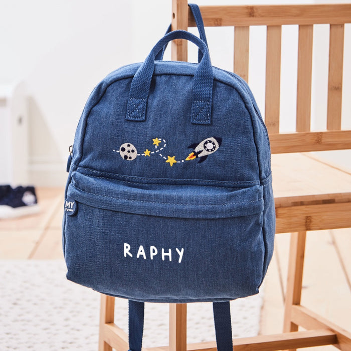 Personalised Moon & Rocket Medium Denim Backpack