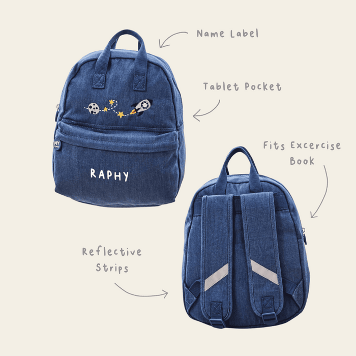 Personalised Moon & Rocket Medium Denim Backpack