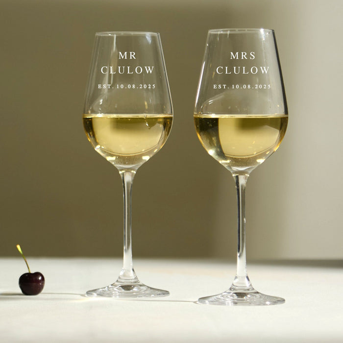 Personalised Mr & Mrs Crystal White Wine Glasses