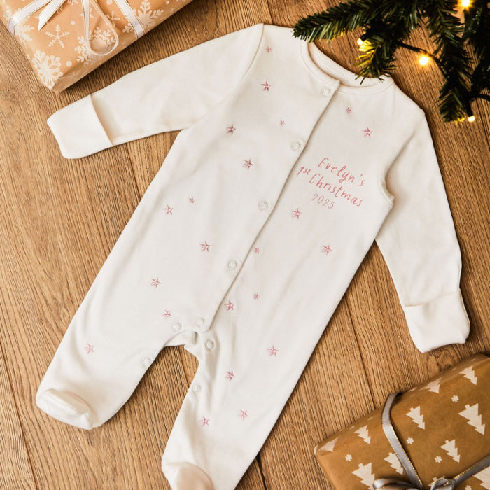 Personalised My 1st Christmas 2025 Pink Star Sleepsuit