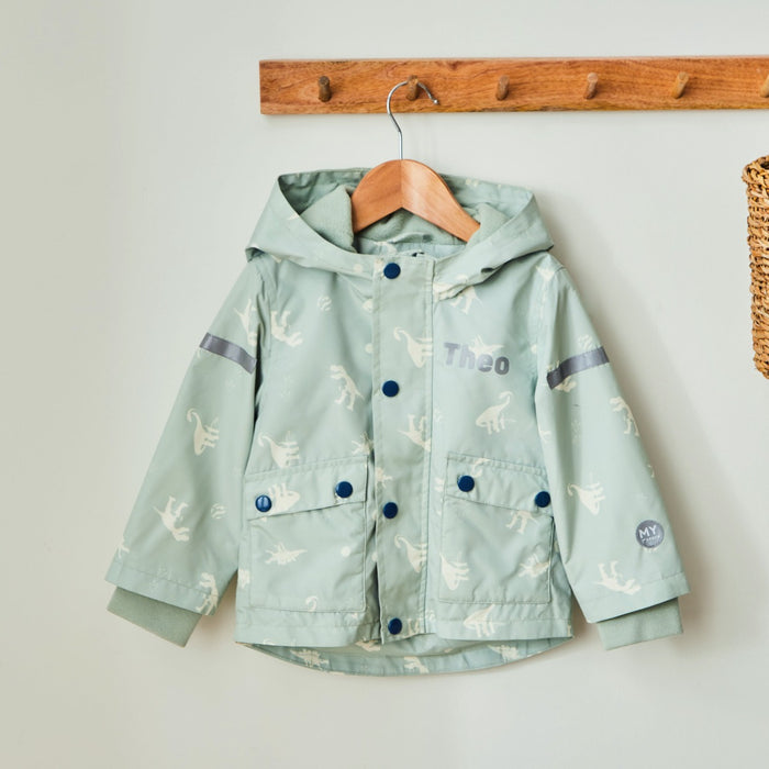 Personalised Natural History Museum Green Dinosaur Raincoat