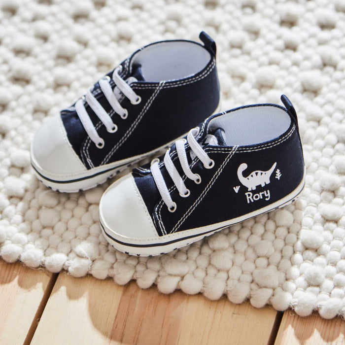 Personalised Navy Dinosaur Baby High Top Shoes