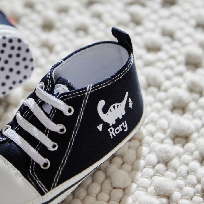 Personalised Navy Dinosaur Baby High Top Shoes