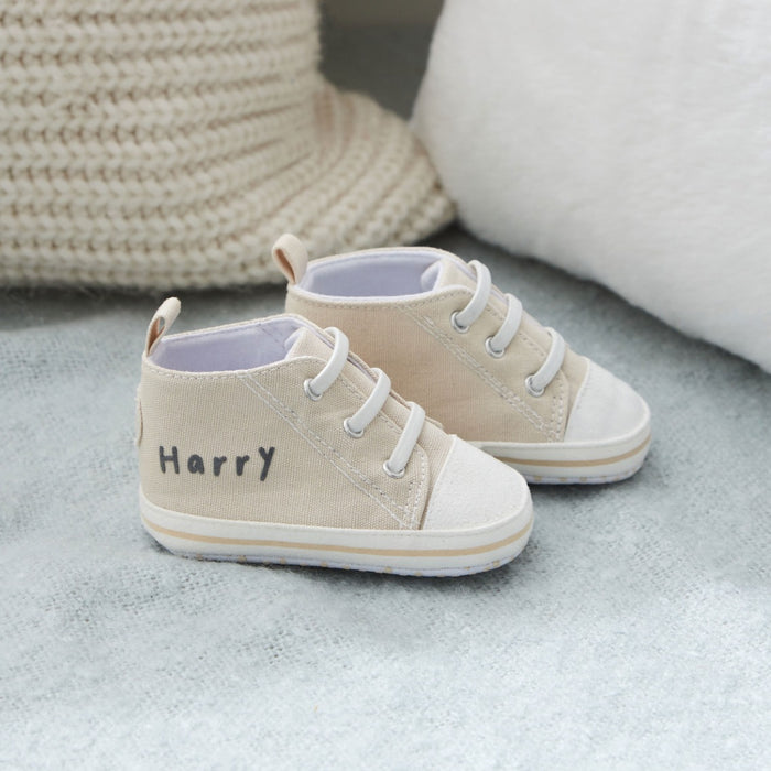 Personalised Oatmeal Baby High Top Trainers