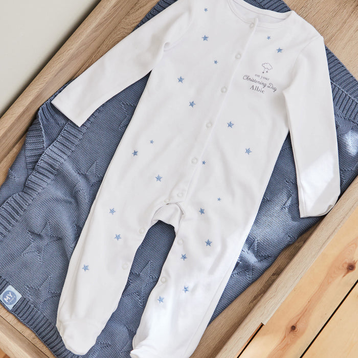 Personalised On Your Christening Day Blue Star Jersey Sleepsuit