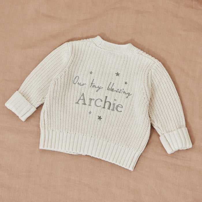 Personalised Our Tiny Blessing Christening Oatmeal Cardigan