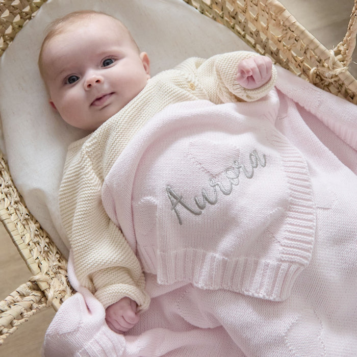 Personalised Pale Pink Heart Jacquard Baby Blanket