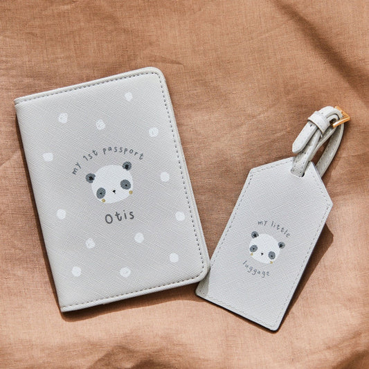 Personalised Panda Grey Baby Passport Holder & Luggage Tag Set