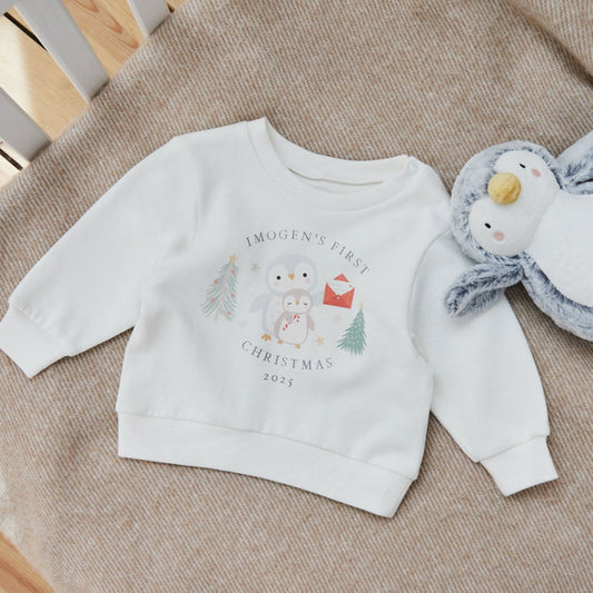 Personalised Penguin First Christmas Ecru Sweatshirt