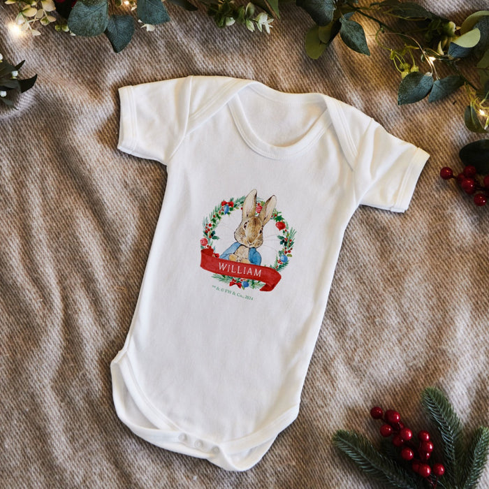 Personalised Peter Rabbit Christmas Wreath White Bodysuit