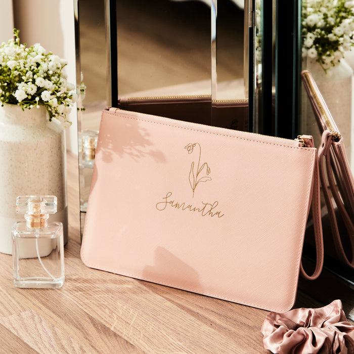 Personalised Pink Birth Flower Name Pouch