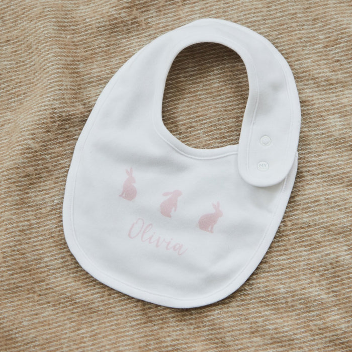 Personalised Pink Bunny White Baby Bib