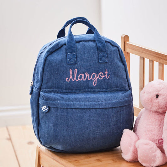 Personalised Pink Chain Stitch Denim Backpack