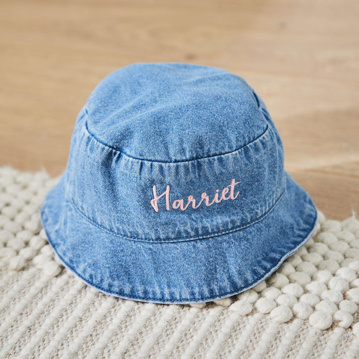 Personalised Pink Cursive Lettering Denim Bucket Hat