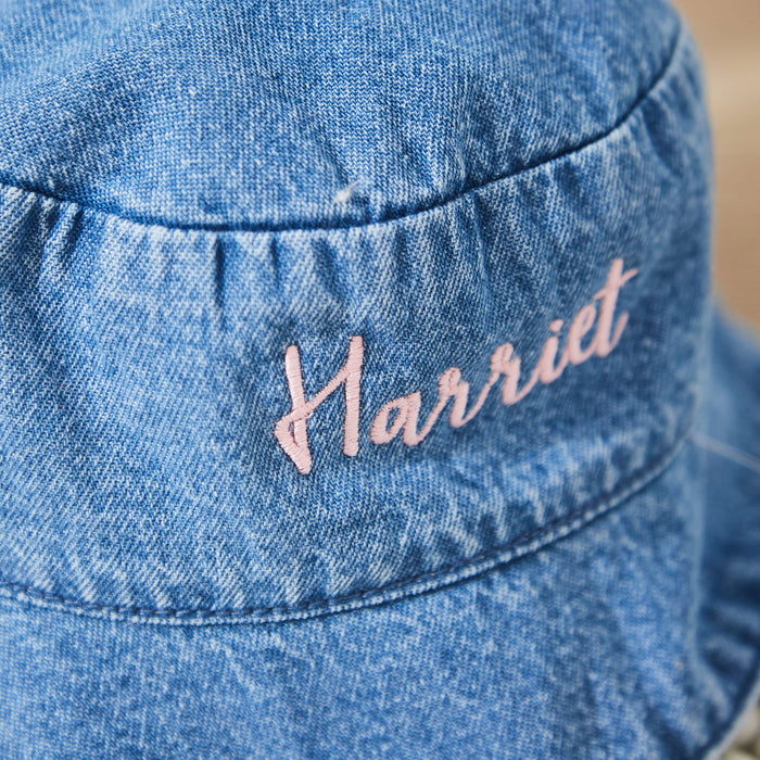 Personalised Pink Cursive Lettering Denim Bucket Hat