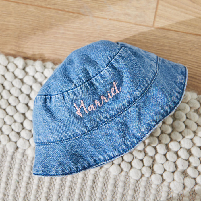 Personalised Pink Cursive Lettering Denim Bucket Hat