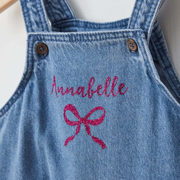 Personalised Pink Glitter Bow Denim Dungarees