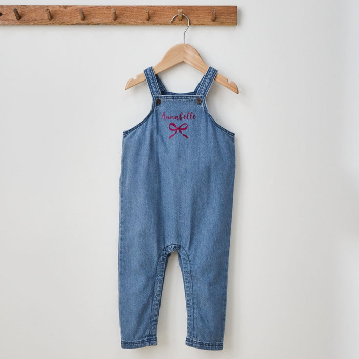 Personalised Pink Glitter Bow Denim Dungarees