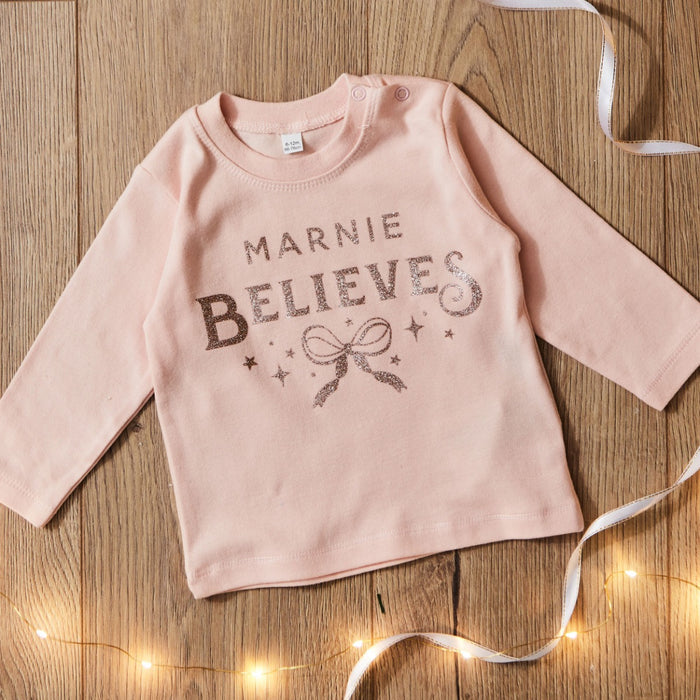 Personalised Pink Name Believes Bow T-Shirt
