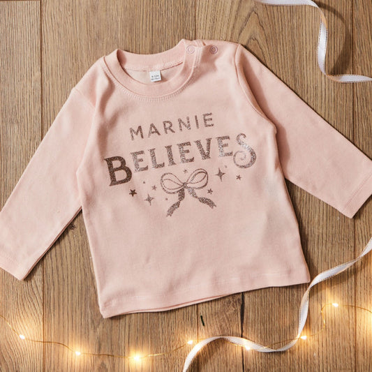 Personalised Pink Name Believes Bow T-Shirt