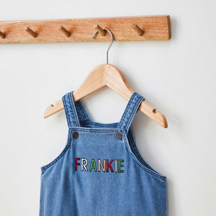 Personalised Red & Green Patchwork Letters Denim Dungarees