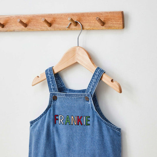 Personalised Red & Green Patchwork Letters Denim Dungarees