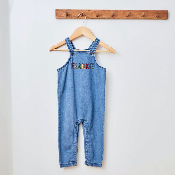 Personalised Red & Green Patchwork Letters Denim Dungarees