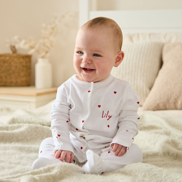 Personalised Red Heart Printed Organic Cotton Sleepsuit