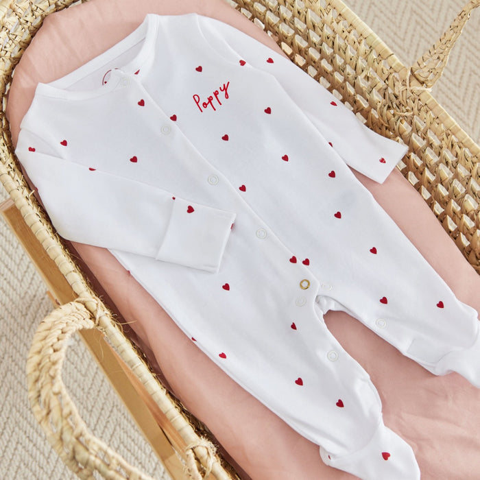 Personalised Red Heart Printed Organic Cotton Sleepsuit