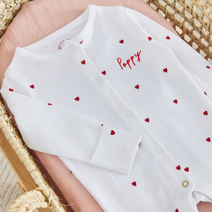 Personalised Red Heart Printed Organic Cotton Sleepsuit