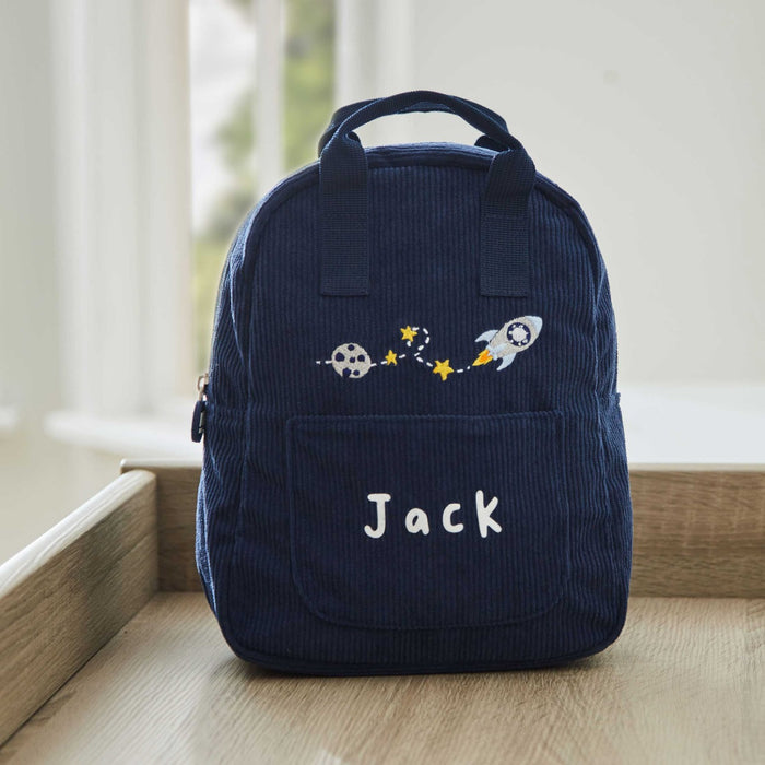 Personalised Rocket Mini Navy Cord Backpack
