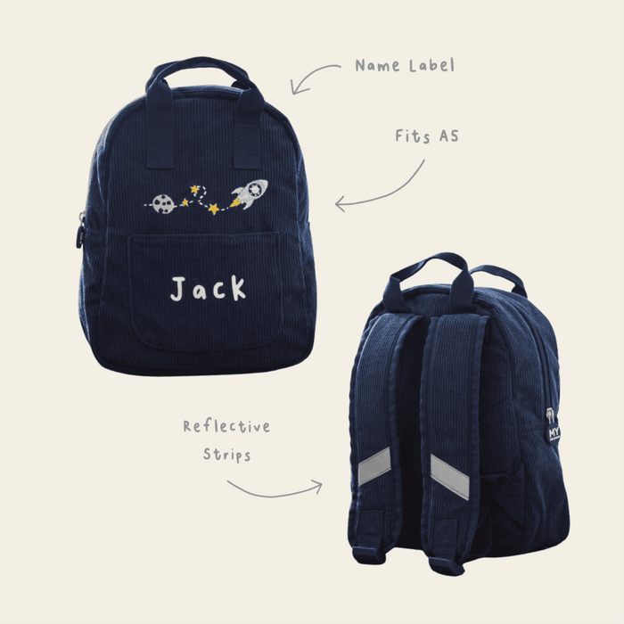 Personalised Rocket Mini Navy Cord Backpack