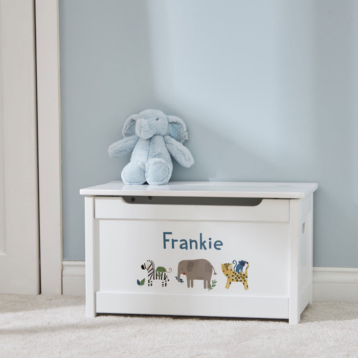 Personalised Safari Animal Design White Panelled Toy Box FSC®
