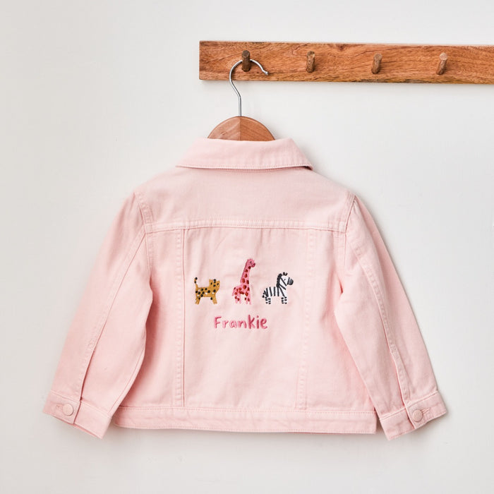 Personalised Safari Animals Pink Denim Jacket
