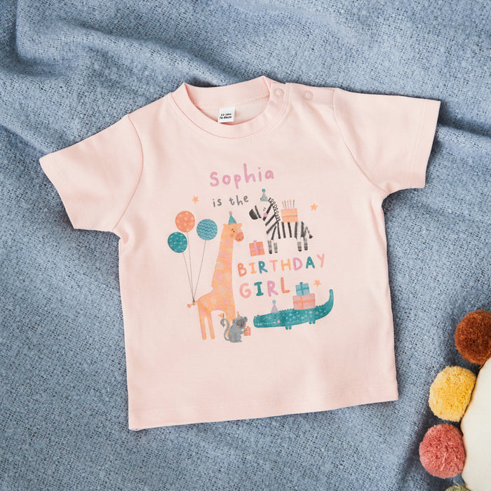 Personalised Safari Birthday Girl Pink T-Shirt